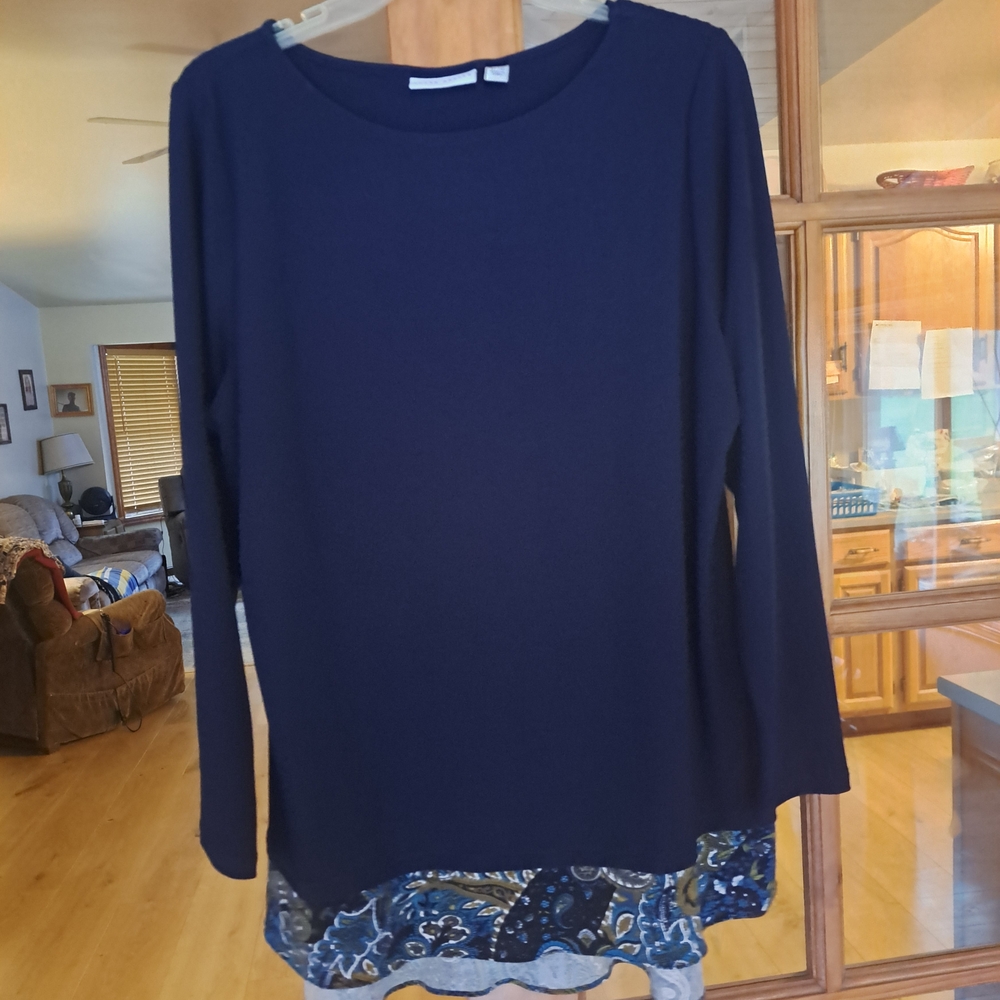 Susan Graver Navy Top with Patterned Hem